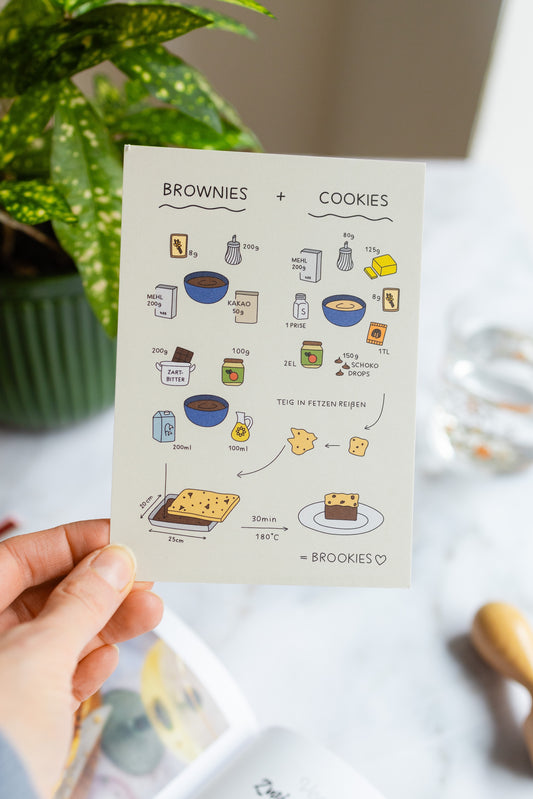 Hand hält eine ‚Brookies‘ Postkarte, im Hintergrund links eine Pflanze und rechts ein Wasserglas