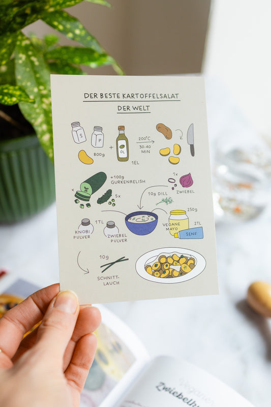 Hand hält eine ‚Der beste Kartoffelsalat der Welt‘ Postkarte, im Hintergrund links eine Pflanze und rechts ein Wasserglas