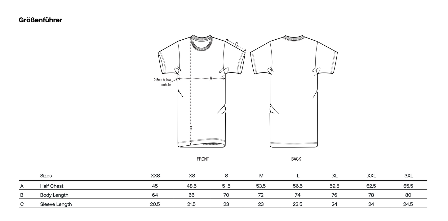 Ansicht der Größentabelle des weißen T-Shirts mit Illustration ‚Carbs‘