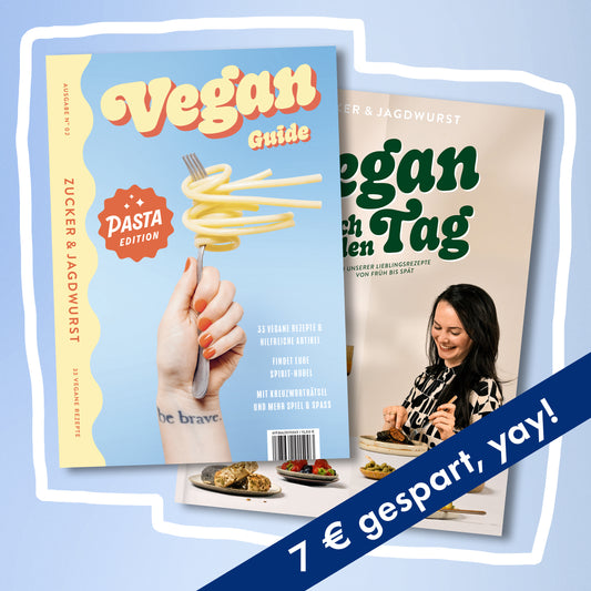 can you adapt this: Zwei Kochbücher: links vorne ‚Pasta Guide‘ mit blauem Cover und gelbem Schriftzug, rechts hinten ‚Vegan durch den Tag‘ mit beigem Cover, rechts unten mit blauem Spar-Banner