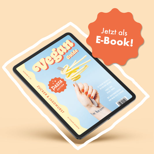 E-Book ‚Pasta Guide‘ auf einem iPad auf beigem Hintergrund mit weißer Umrandung, mit orangem Element ‚Jetzt als E-Book!‘