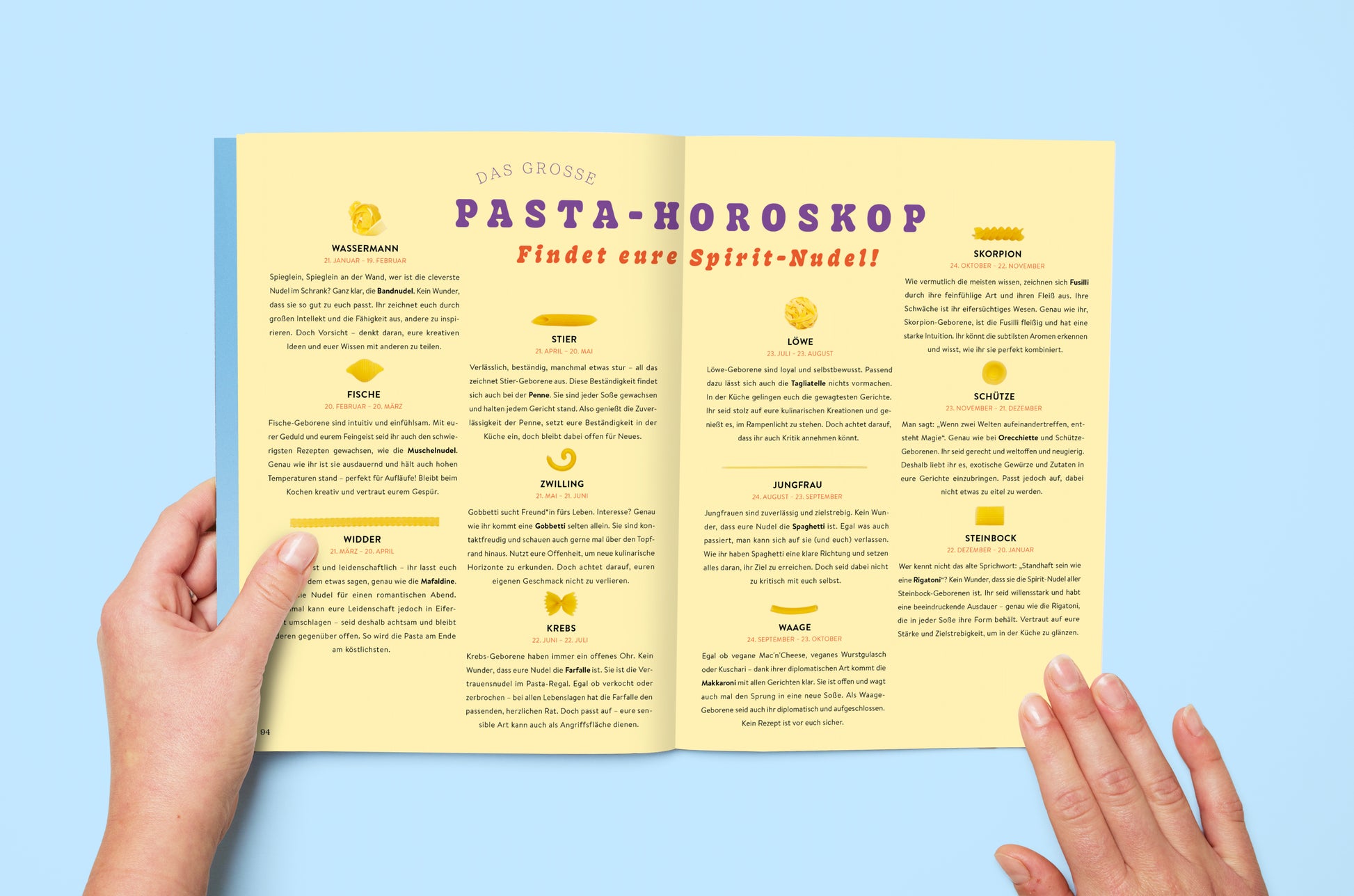 Innenseite des Kochbuchs ‚Pasta Guide‘ mit Rezept ‚Pasta Horoskop‘