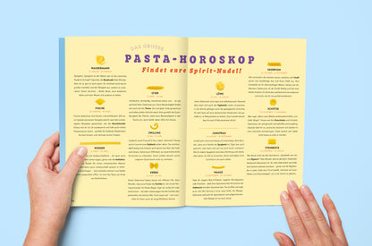 Innenseite des Kochbuchs ‚Pasta Guide‘ mit Rezept ‚Pasta Horoskop‘