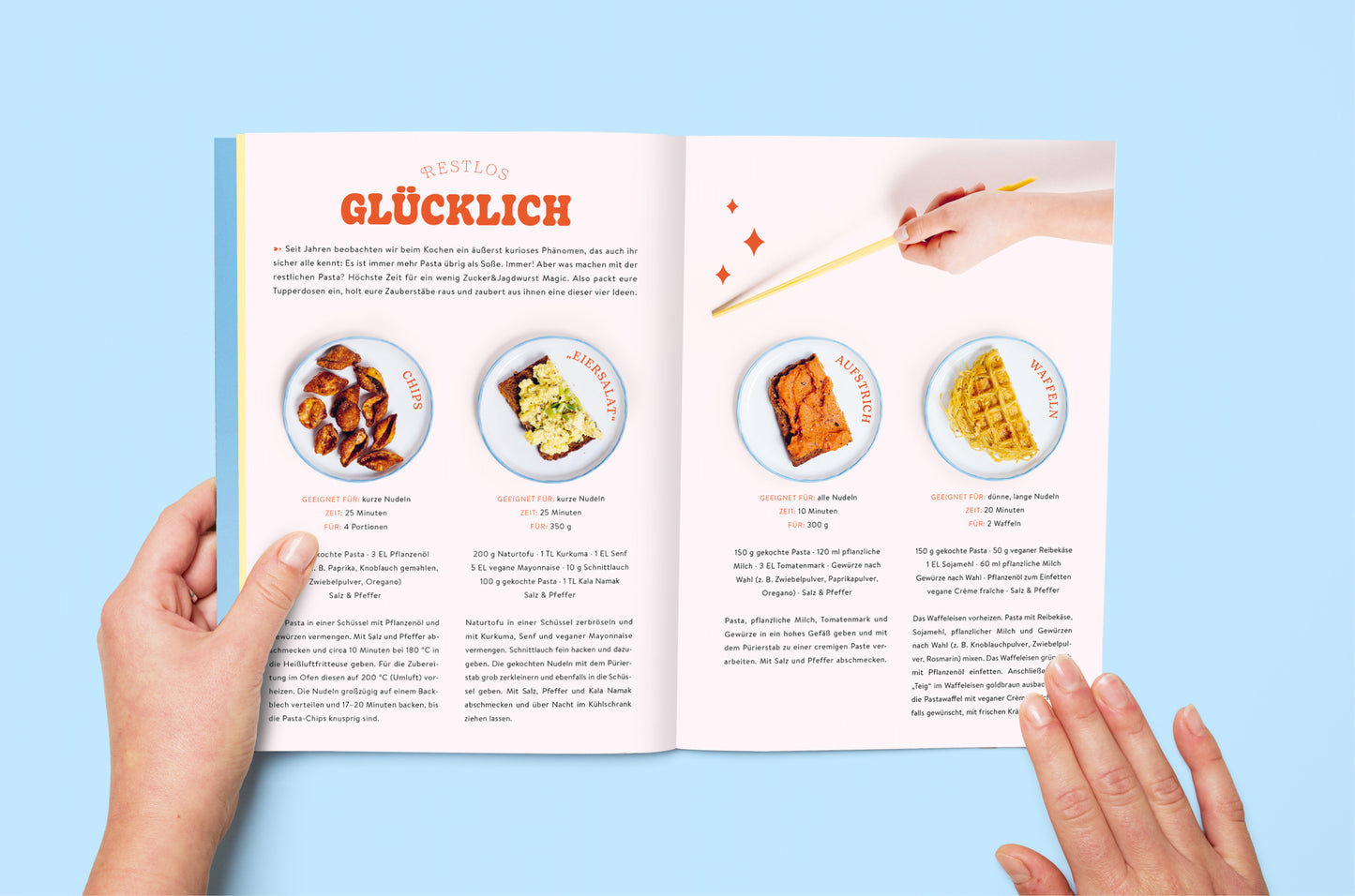 Innenseite des Kochbuchs ‚Pasta Guide‘ mit Rezept ‚Restlos glücklich‘