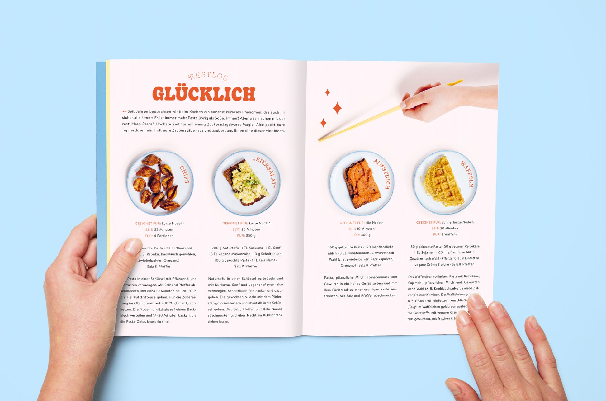 Innenseite des Kochbuchs ‚Pasta Guide‘ mit Rezept ‚Restlos glücklich‘