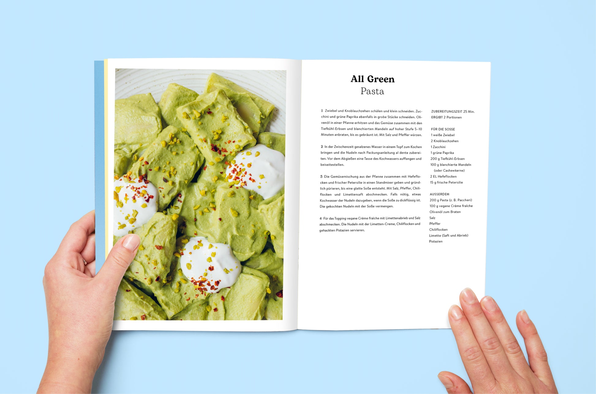 Innenseite des Kochbuchs ‚Pasta Guide‘ mit Rezept ‚All Green Pasta‘