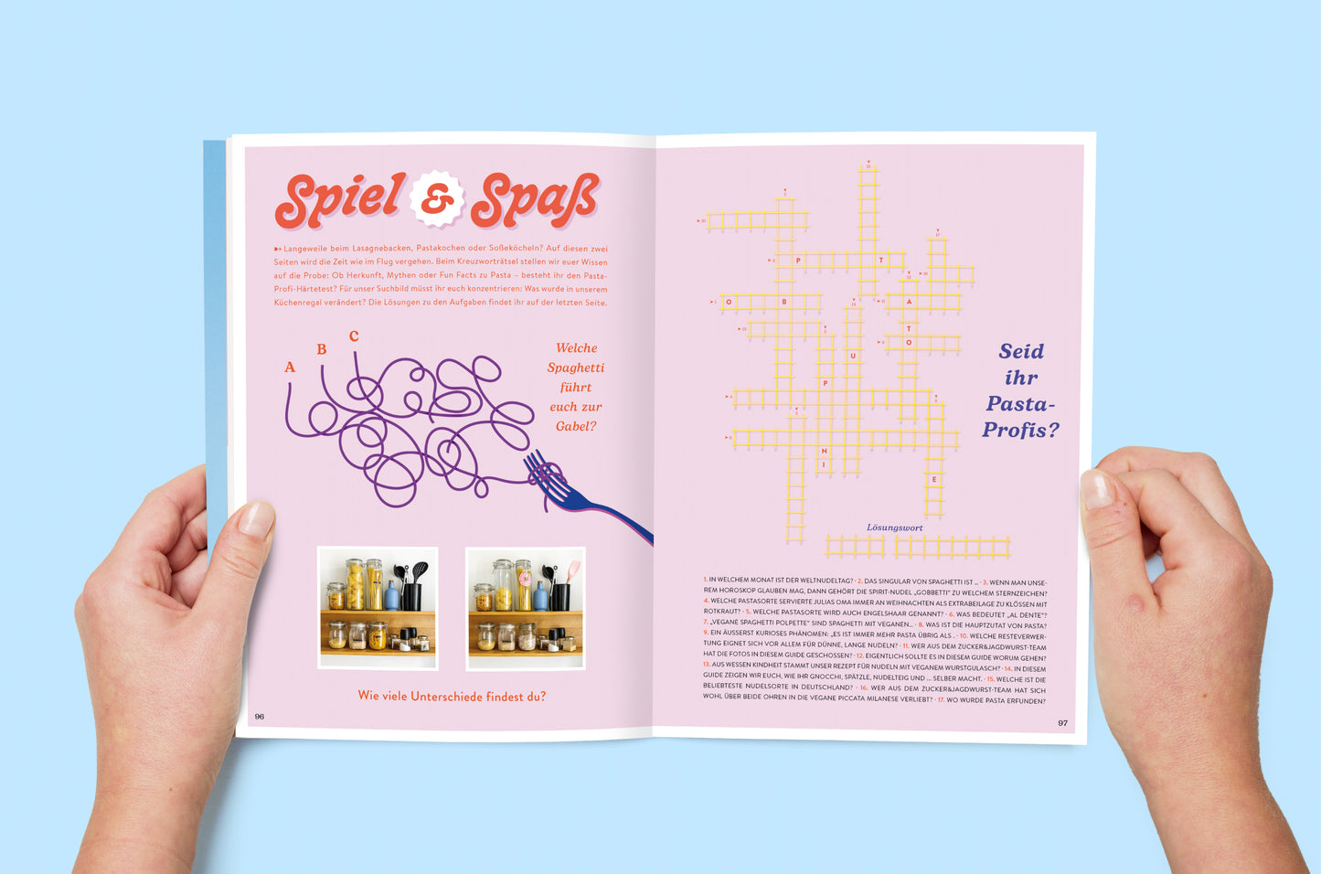 Innenseite des Kochbuchs ‚Pasta Guide‘ mit Rezept ‚Spiel&Spaß‘